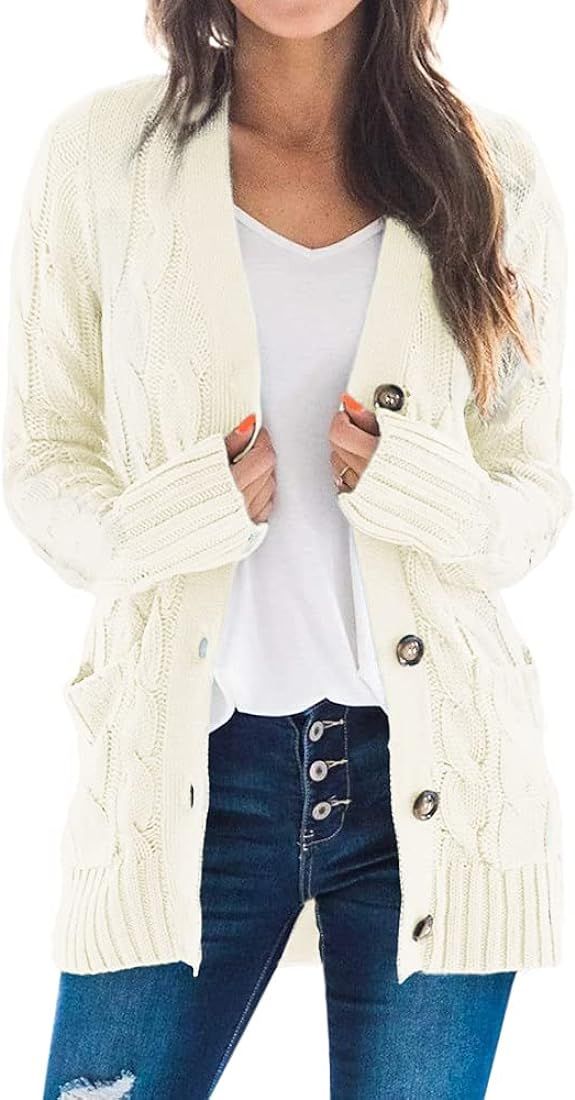 Goranbon Women's Cable Knit Cardigan Long Sleeve Open Front Button Down Knitwear Sweater Coat | Amazon (US)