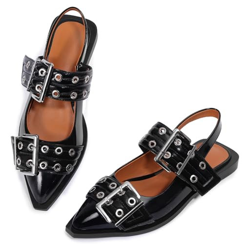 Choiran Buckle Flats for Women-Buckle Ballet Flats, Slingback Flats for Woman, Pointed Toe Ballerina Flats with Block Low Heel, Fashion Casual Dress Shoes for Spring Summer Fall Black Size 11 | Amazon (US)