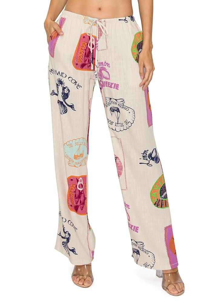 Cali1850 Women's Printed Linen Pants - 30" Inseam Drawstring Elastic Waist Casual Pull On Beach L... | Amazon (US)