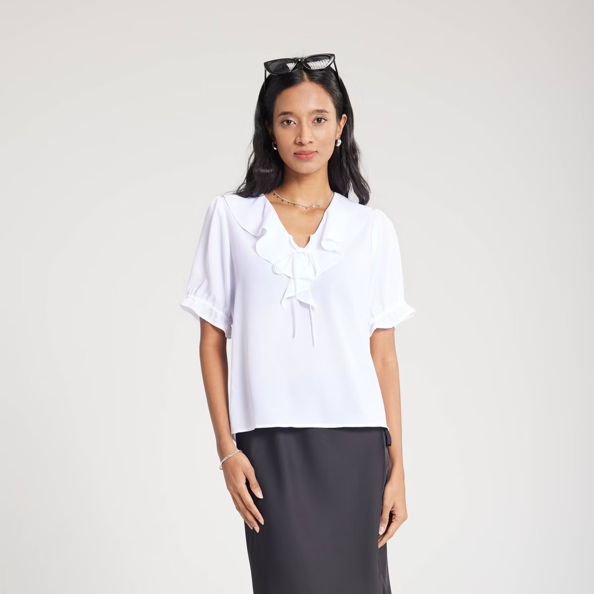 Women's Ruffled Neck Tie-Front Blouse - A New Day™ | Target