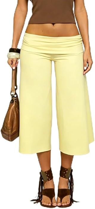ROAONOCOMO Women Fold Over Lounge Gaucho Pants Low Rise Wide Leg Cropped Capri Pants Comfy Flared... | Amazon (US)