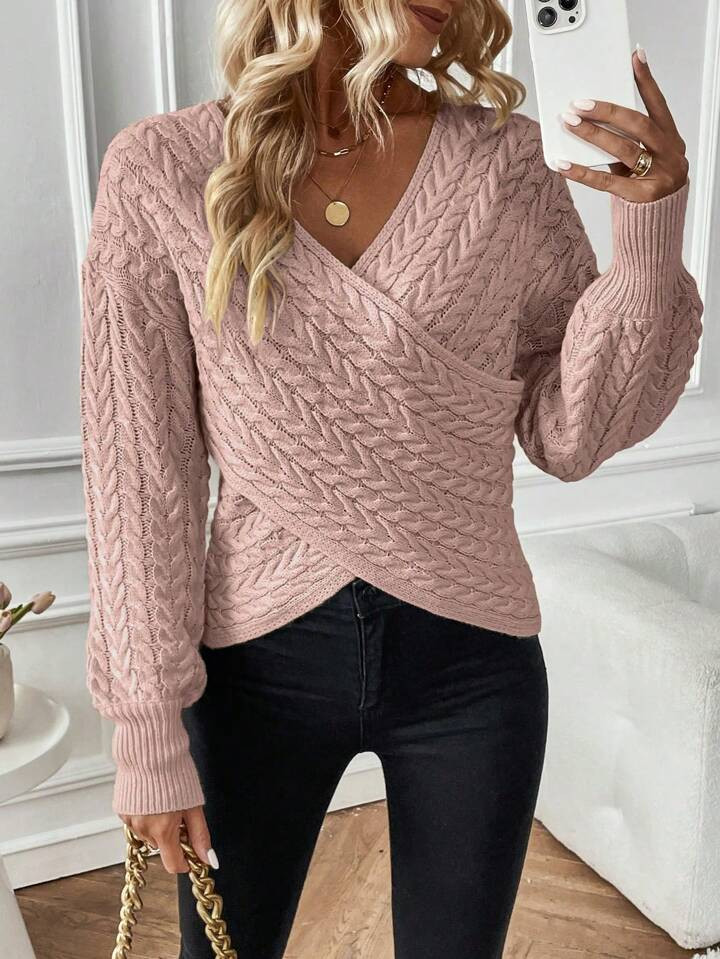 SHEIN LUNE Women's Solid Color Cross Design Drop Shoulder Long Sleeve Casual Sweater, Autumn/Wint... | SHEIN