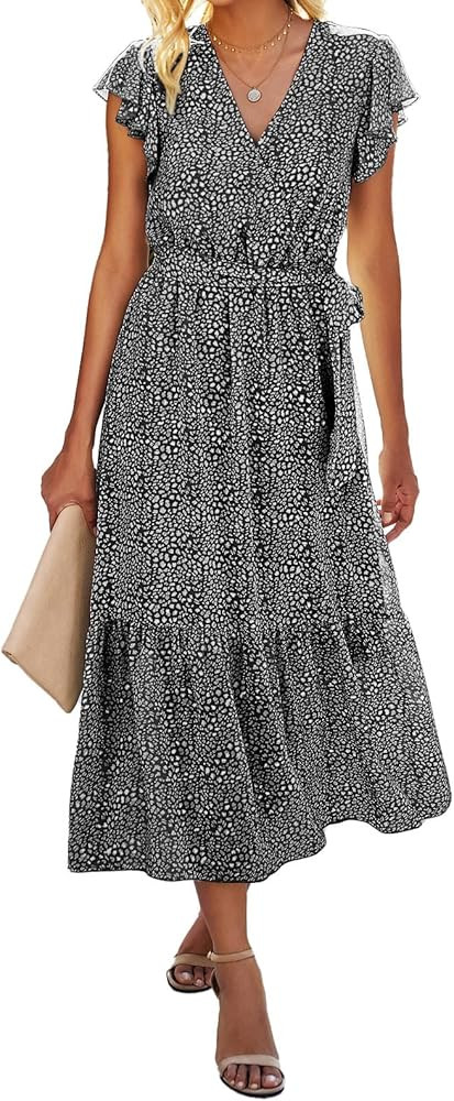 BTFBM Women Summer Bohemian Floral Casual Wrap V Neck Ruffle Cap Sleeveless Belt A-Line Pleated H... | Amazon (US)