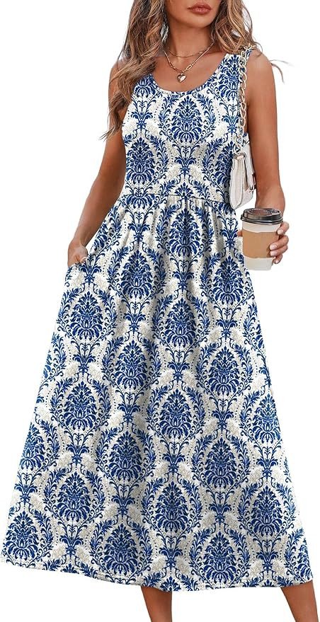 WIHOLL Summer Dresses for Women Flowy Casual Midi Dress Beach Vacation Sundresses with Pockets | Amazon (US)