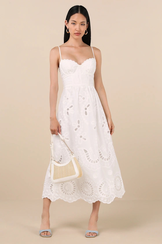 Jenora White Embroidered Bustier Midi Dress | Lulus