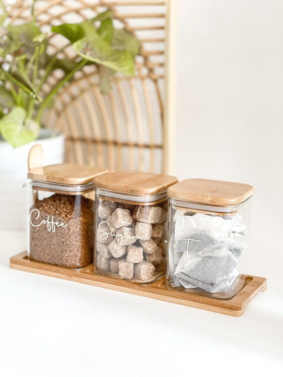 Square Glass Jar Trio With Vinyl Labels Set Coffee Sugar Tea | Etsy | Etsy (US)