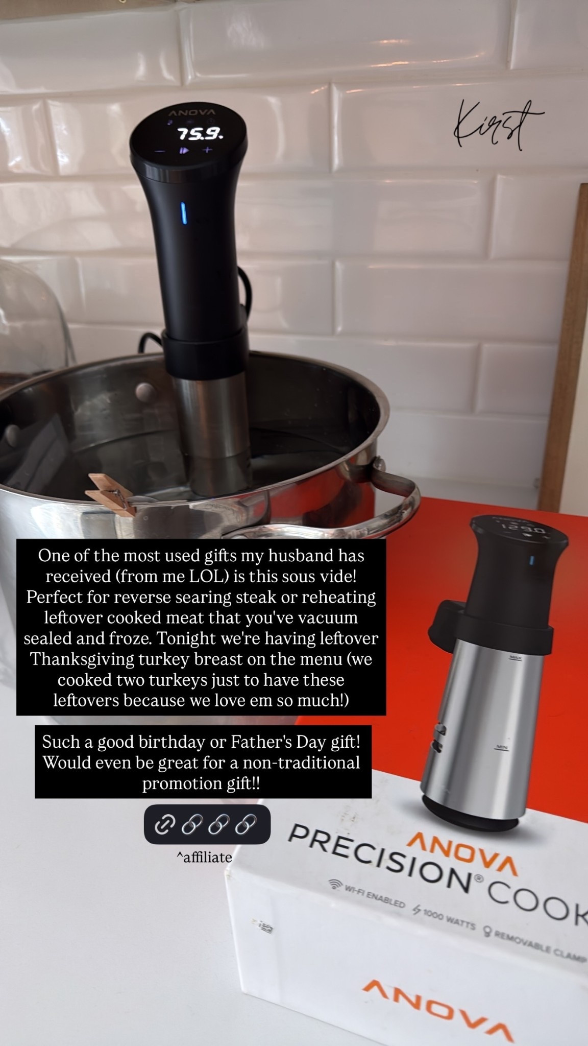 ^affiliate One of the most used gifts my husband has received (from me LOL) is this sous vide! Perfect for reverse searing steak or reheating leftover cooked meat that you've vacuum sealed and froze. Tonight we're having leftover Thanksgiving turkey breast on the menu (we cooked two turkeys just to have these leftovers because we love em so much!)

Such a good birthday or Father's Day gift! Would even be great for a non-traditional promotion gift!!