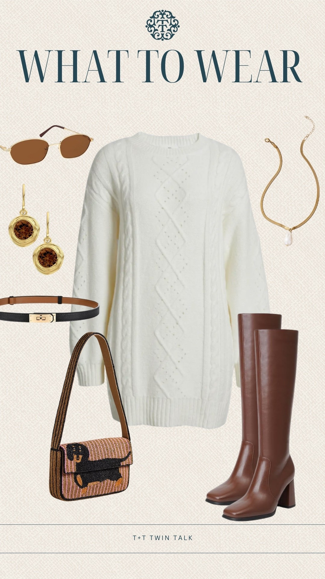 What to wear to a dinner date! A knitted white sweater dress with tall brown boots for a fall look! Cinch the waist with a thin black belt. We accessorized the look by adding a pearl pendant necklace and a beaded bag from Anthropologie. 

#LTKShoeCrush #LTKStyleTip #LTKItBag