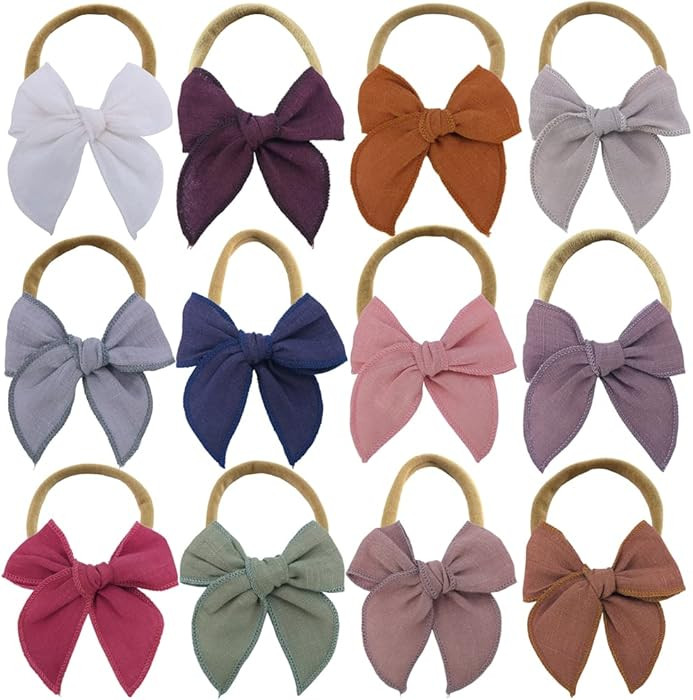 Sugarmelon Linen Bow Nylon Headband for Baby Newborn Infant Toddler Hair Bow Elastic Bands for Ba... | Amazon (US)