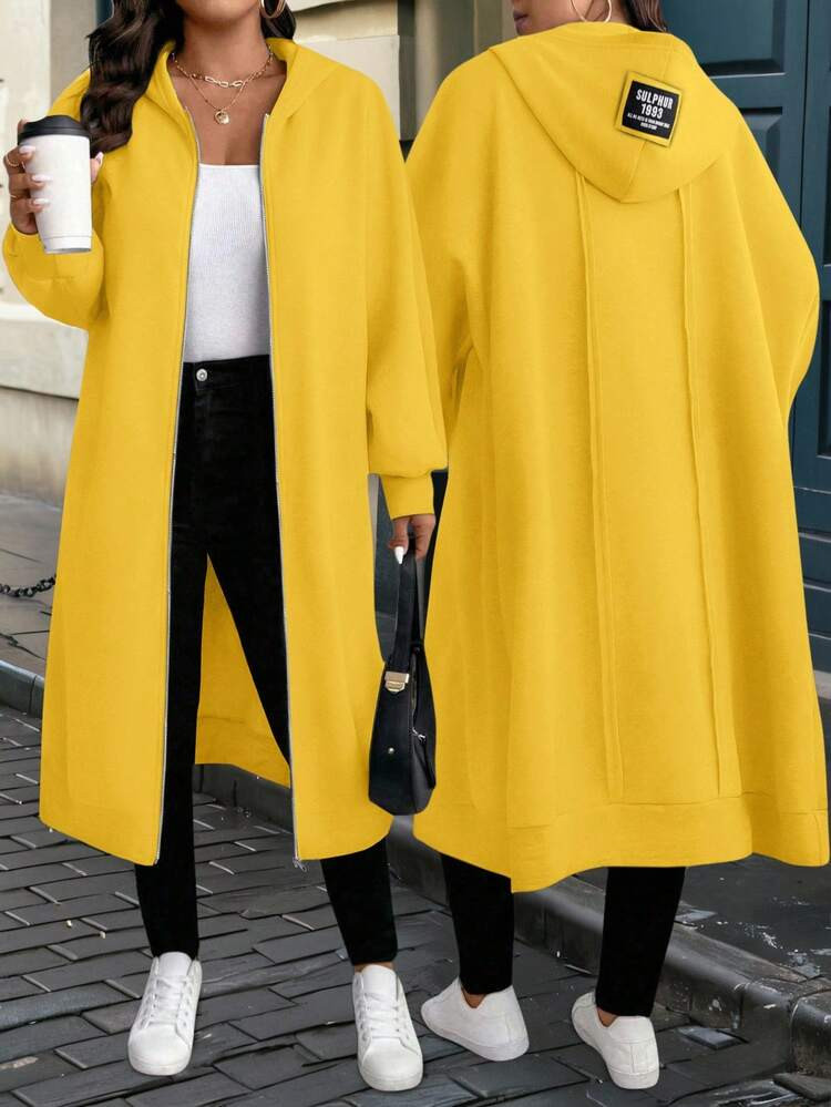 EMERY ROSE Plus Size Casual Letter Patch Zip-Up Hoodie Jacket, Autumn | SHEIN