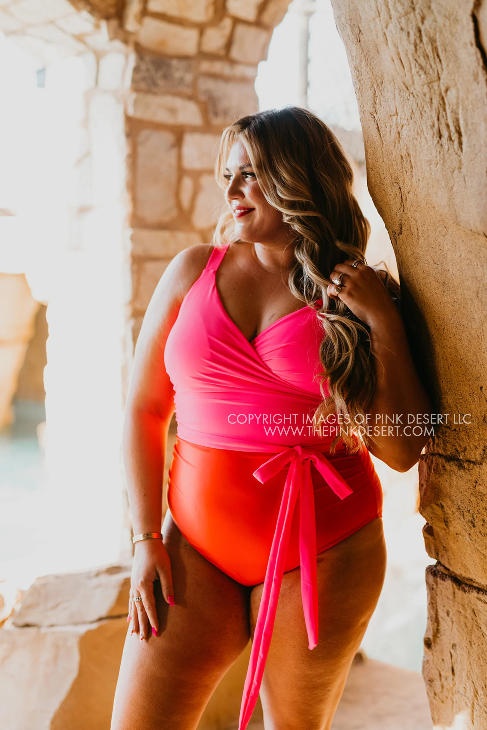 SASSY RED LIPSTICK X PINK DESERT SARAH WRAP ONE PIECE IN VEGAS PINK AND POPPY | Pink Desert