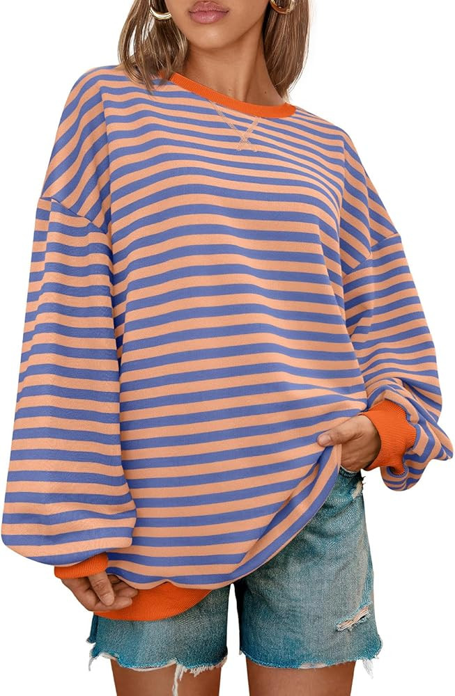 Kissfix Women's Striped Oversized Sweatshirt Long Sleeve Shirts for Women Crewneck Hoodies Casual... | Amazon (US)