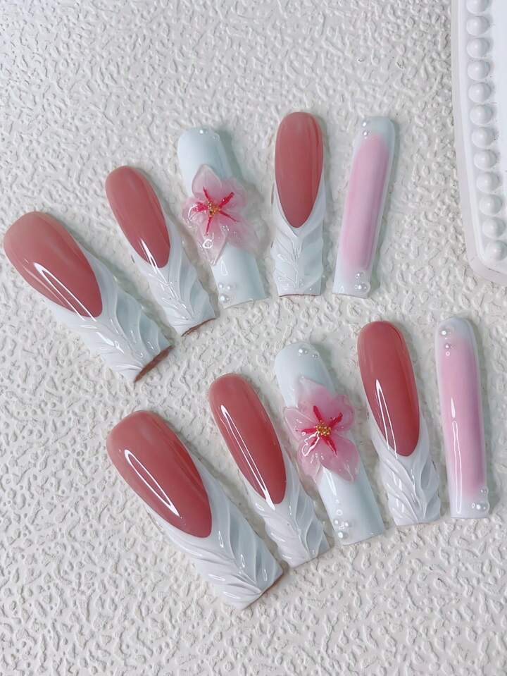 10pcs Extra Long Nails Y2K French Style & Versatile 3d Pearl Flower Powder And 3D Water Droplets ... | SHEIN