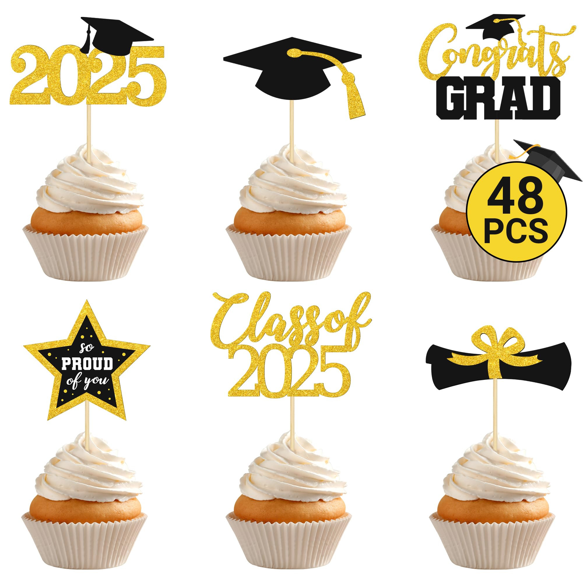 48 PCS Graduation Cupcake Toppers 2025, 6 Style Black and Gold Graduation Cake Toppers, Glitter D... | Amazon (US)