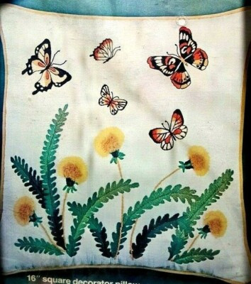 *VINTAGE CREWEL1970 BUCILLA MCM RETRO * FLUTTER BUTTERFLIES COMPLETE PILLOW * | eBay US