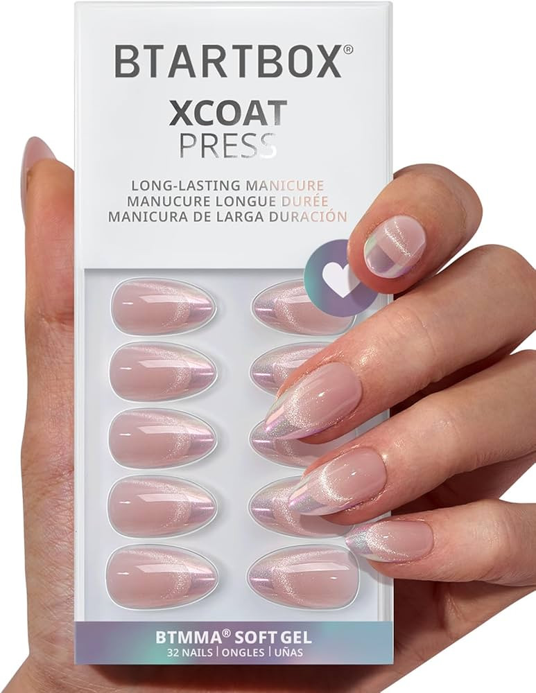 BTArtbox Press On Nails Almond - Diamond Dust, Lamp-Curable Cat Eye Chrome French Tip Short Press... | Amazon (US)