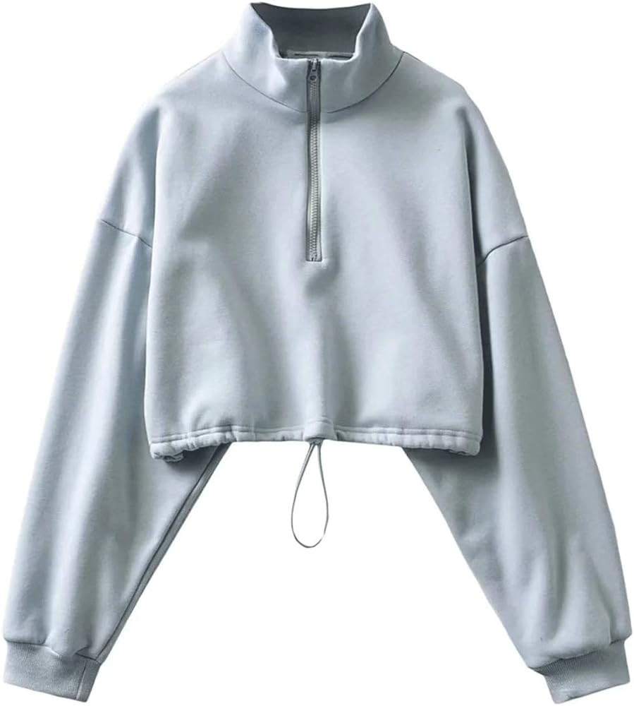 Haellun Women's Long Sleeve Half Zip Fleece Lined Crop Top Pullover Sweatshirt | Amazon (US)