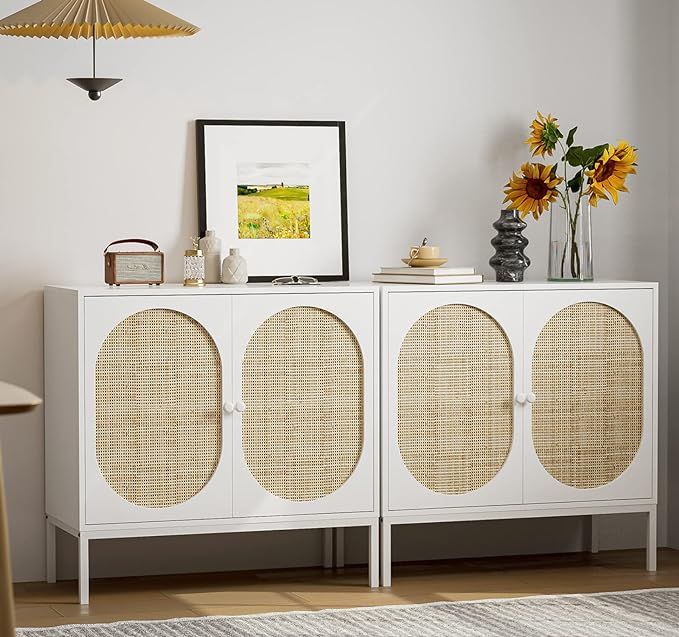 IKIFLY Set of 2 Accent Storage Cabinet with Handmade Natural Rattan Doors - Rattan Sideboard Buff... | Amazon (US)
