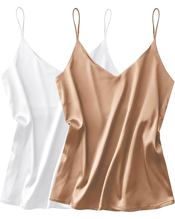Ekouaer Womens Silk Satin Tank Top 2 Pack V Neck Basic Camisole | Amazon (US)