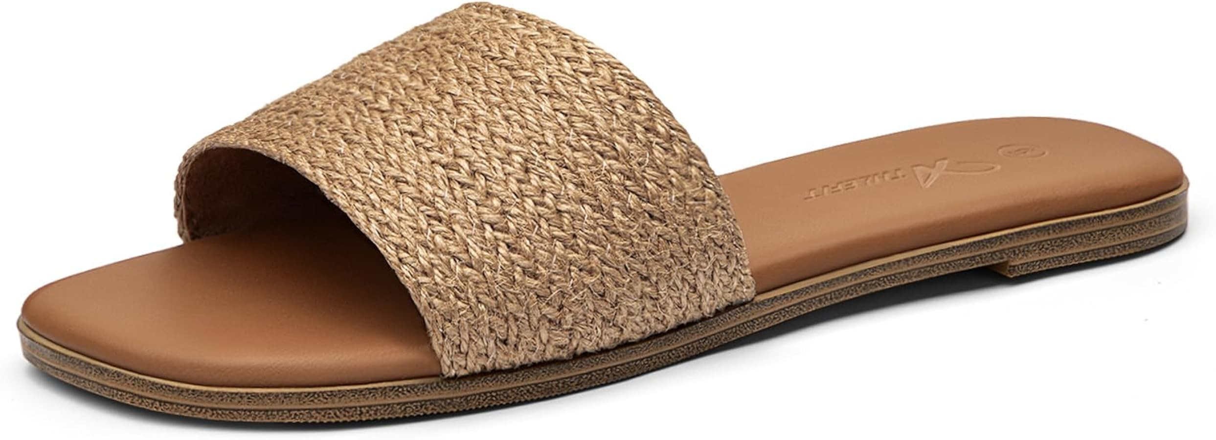 Athlefit Flat Sandals Women Dressy Square Toe Raffia Summer Slide Sandals | Amazon (US)