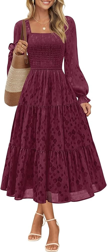MEROKEETY Women's Fall Long Sleeve Floral Midi Dress Smocked Ruffle Tiered Square Neck Wedding Gu... | Amazon (US)