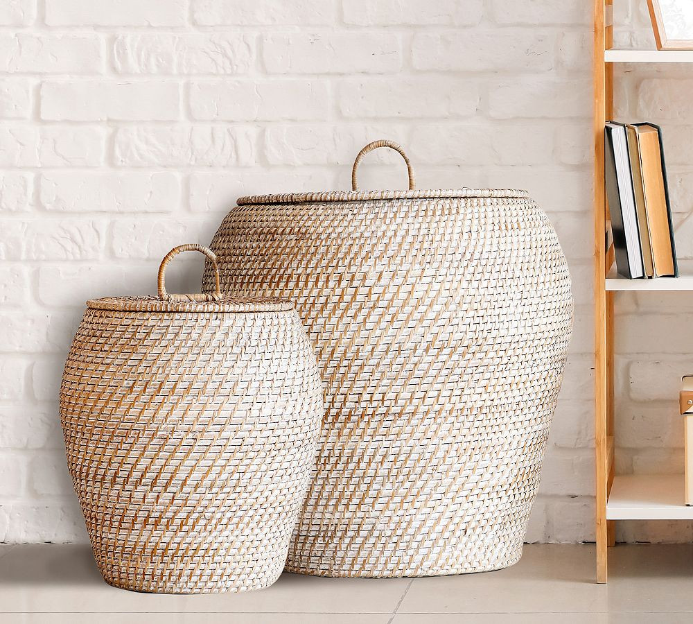 Bruno White Rattan Baskets With Lids, Set of 2 | Pottery Barn (US)