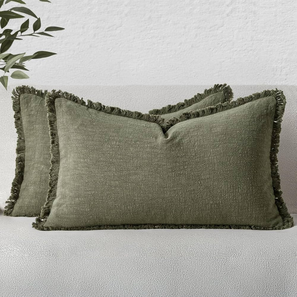 MIULEE Decorative Lumbar Throw Pillow Covers Neutral Linen Fringe Throw Pillows Set of 2 Olive Gr... | Amazon (US)
