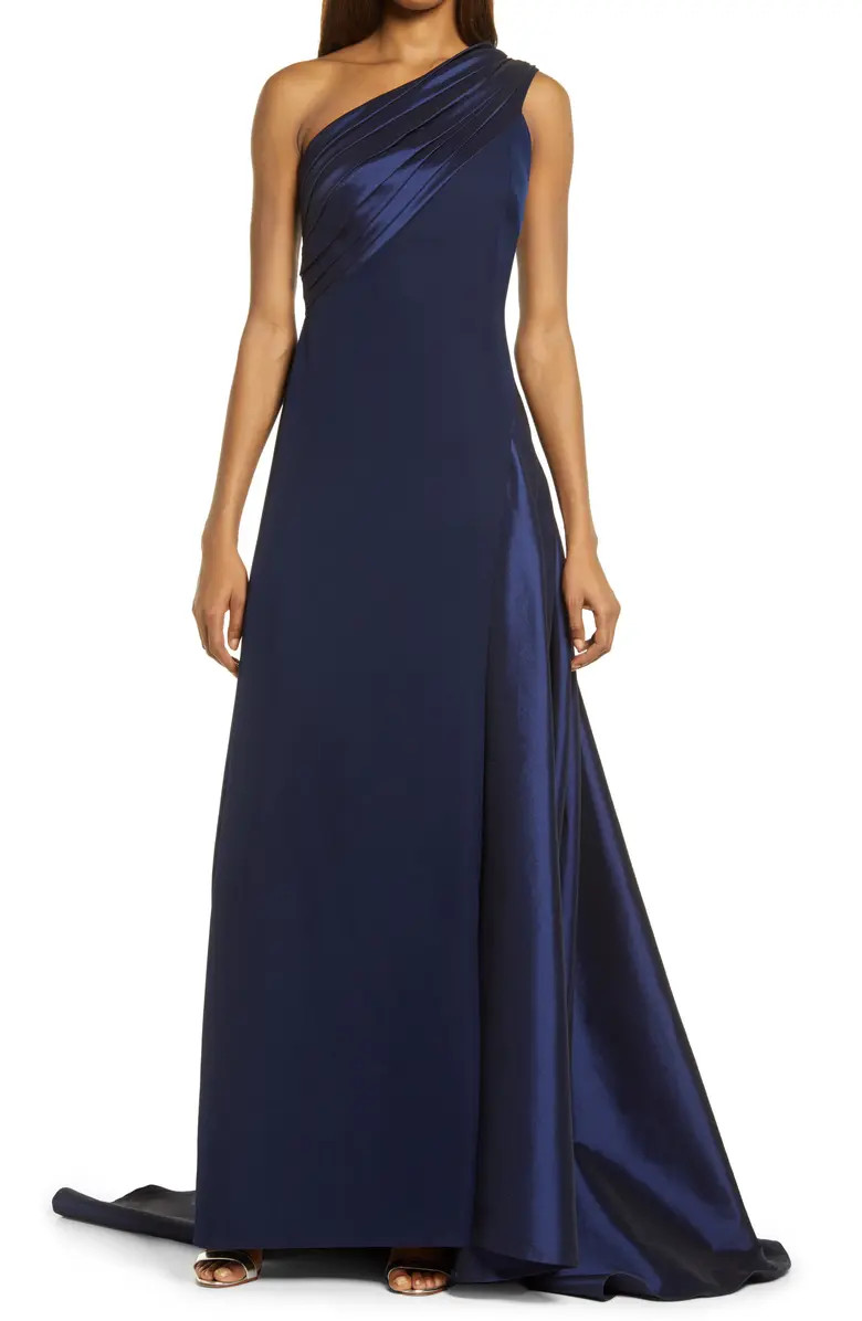 Taffeta Detail One-Shoulder Crepe Gown | Nordstrom