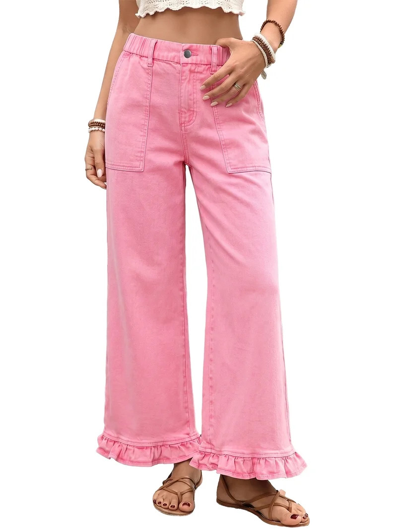 DOKOTOO Jeans for Women High Waisted Wide Leg Jeans with Ruffle Hem Trendy Stretchy Denim Loose P... | Walmart (US)