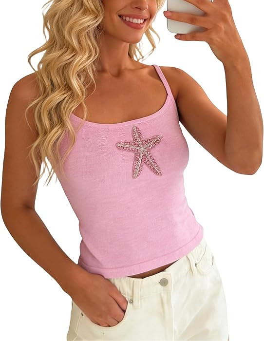 Women Y2k Starfish Cami Top Rhinestone Printed Crop Tank Tops Slim Fitted Knit Going Out Summer S... | Amazon (US)