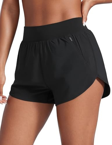 CRZ YOGA Dolphin Flat Waist Athletic Shorts for Women 3" - High Rise Quick Dry for Running Workout Gym Track with Zip Pockets Black X-Large | Amazon (US)