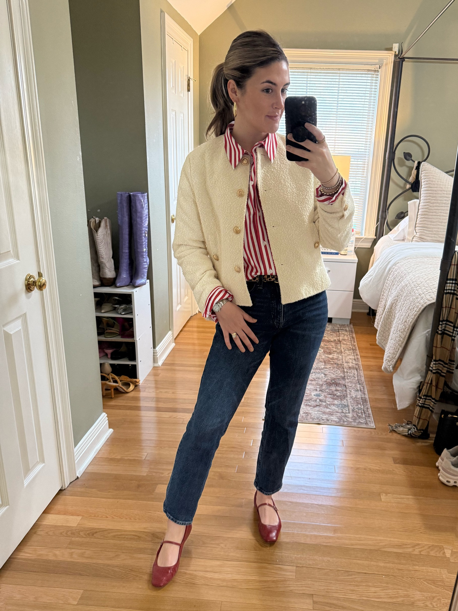 This red striped poplin shirt seems to be my new Friday uniform ❤️ two Fridays in a row! These jeans are some of my favorites. I LOVE J. Crew jeans. They never fail! These ballet flats are so comfortable, I wear them all the time. Of course, there is nothing like a lady jacket to tie everything together! Is it just me or is it giving a little Valentine’s Day vibes?! 

#LTKShoeCrush #LTKWorkwear #LTKStyleTip