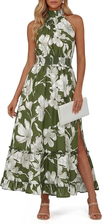 Wenrine Womens Summer Halter Neck Dress Maxi Floral Vacation Boho Sundresses Flowy Formal Travel ... | Amazon (US)