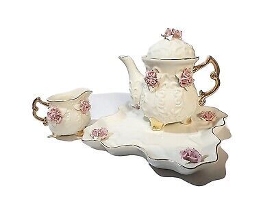 4- Piece (missing sugar bowl) Pink Roses Porcelain Tea Set Cracker Barrel. | eBay US