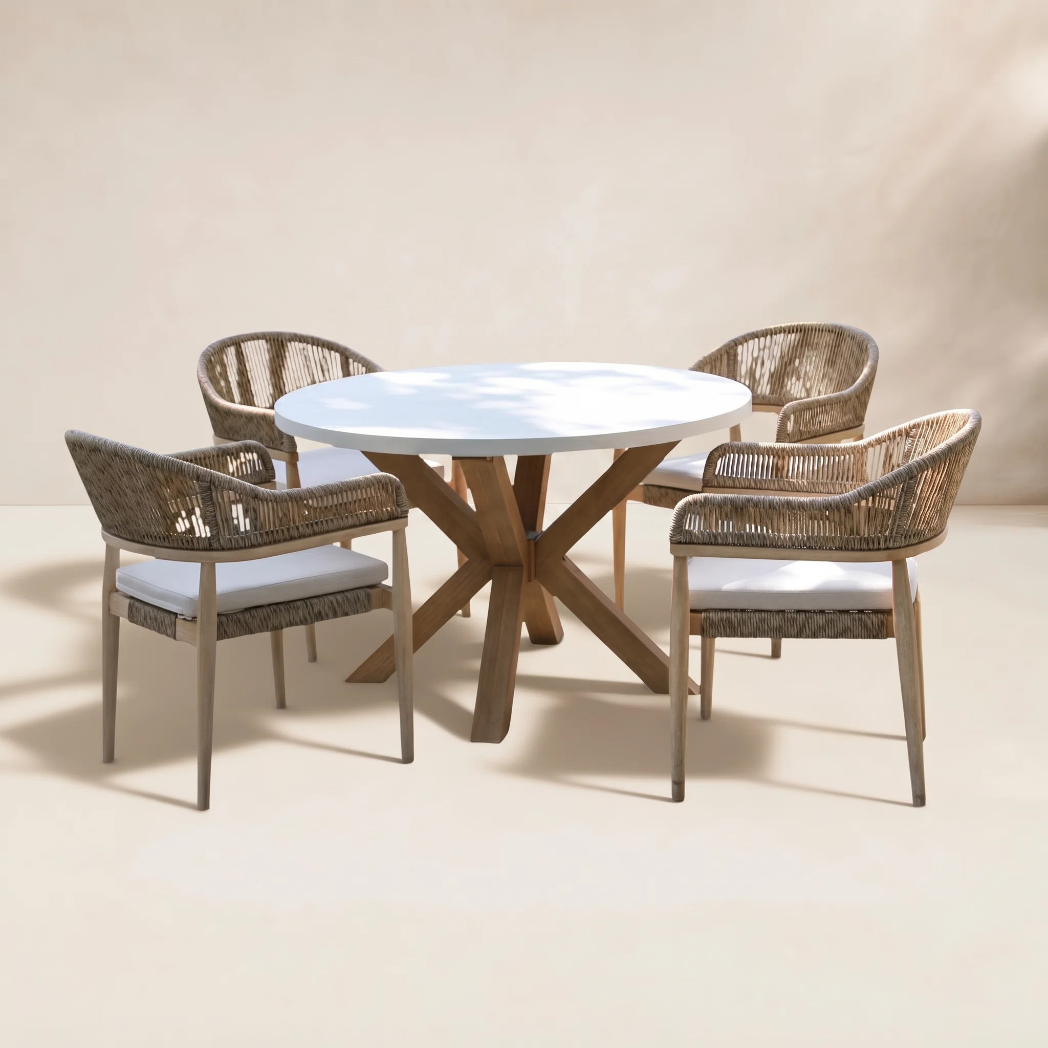 Posey 5 Pc. Round Ivory Composite Dining Set With Rope Stacking Chairs | Wayfair North America