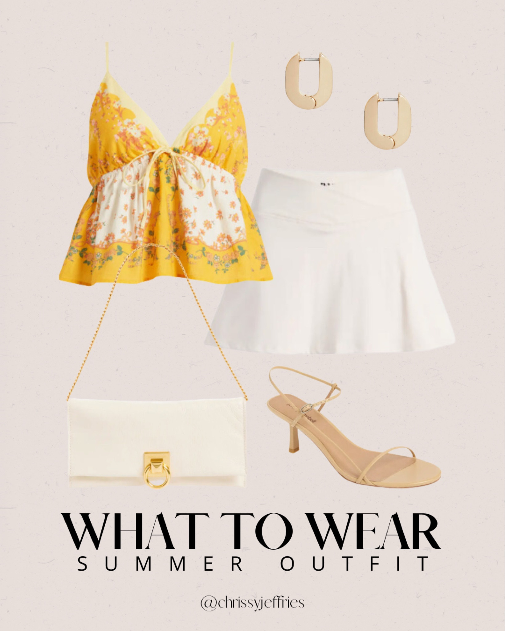 Brighten up your summer wardrobe with this vibrant and stylish outfit idea! Pair a sunny yellow floral camisole with a crisp white mini skirt for a fresh and playful look. Complete the ensemble with elegant nude strappy heels and a chic white clutch. Add a touch of sophistication with bold gold hoop earrings. This outfit is perfect for a sunny day out or a casual summer brunch. 

#SummerFashion #OutfitInspiration #FashionIdeas #SummerStyle #ChicLook

#LTKsummer #LTKshoes