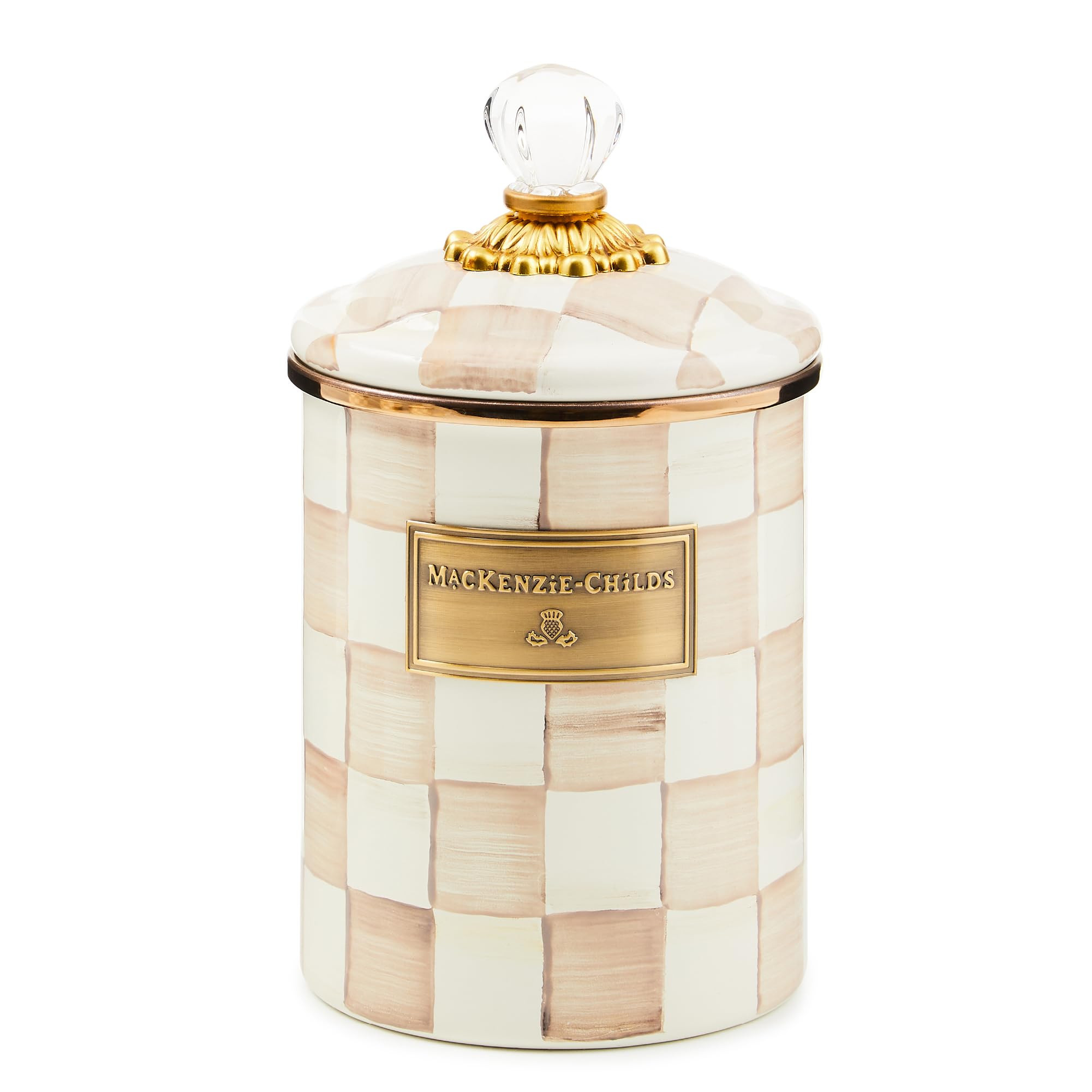 MACKENZIE-CHILDS Medium Enamel Canister, Kitchen Storage Container with Lid, Brown-and-White Mocha Check | Amazon (US)