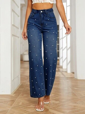 Pearls Beaded Straight Leg Jeans | SHEIN