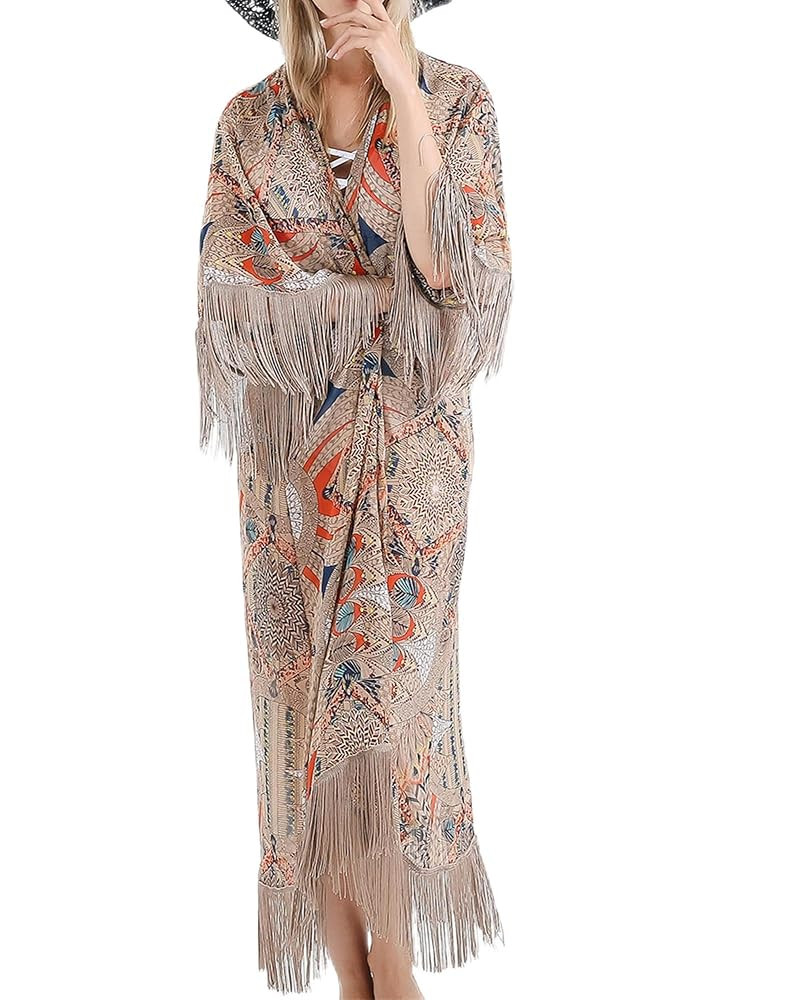 Boho Fringe Kimono Bathing Suit Cover Up for Women, Khaki Printed Chiffon Bikini Coverup | Amazon (US)