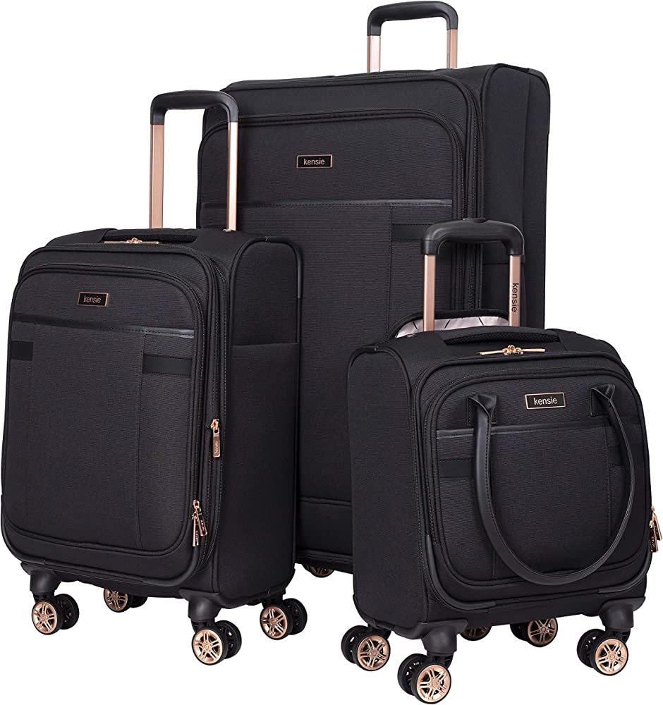 kensie Women's Hudson Softside 3-Piece Spinner Luggage Set, Black with Rose Gold, (16/20/28) | Amazon (US)