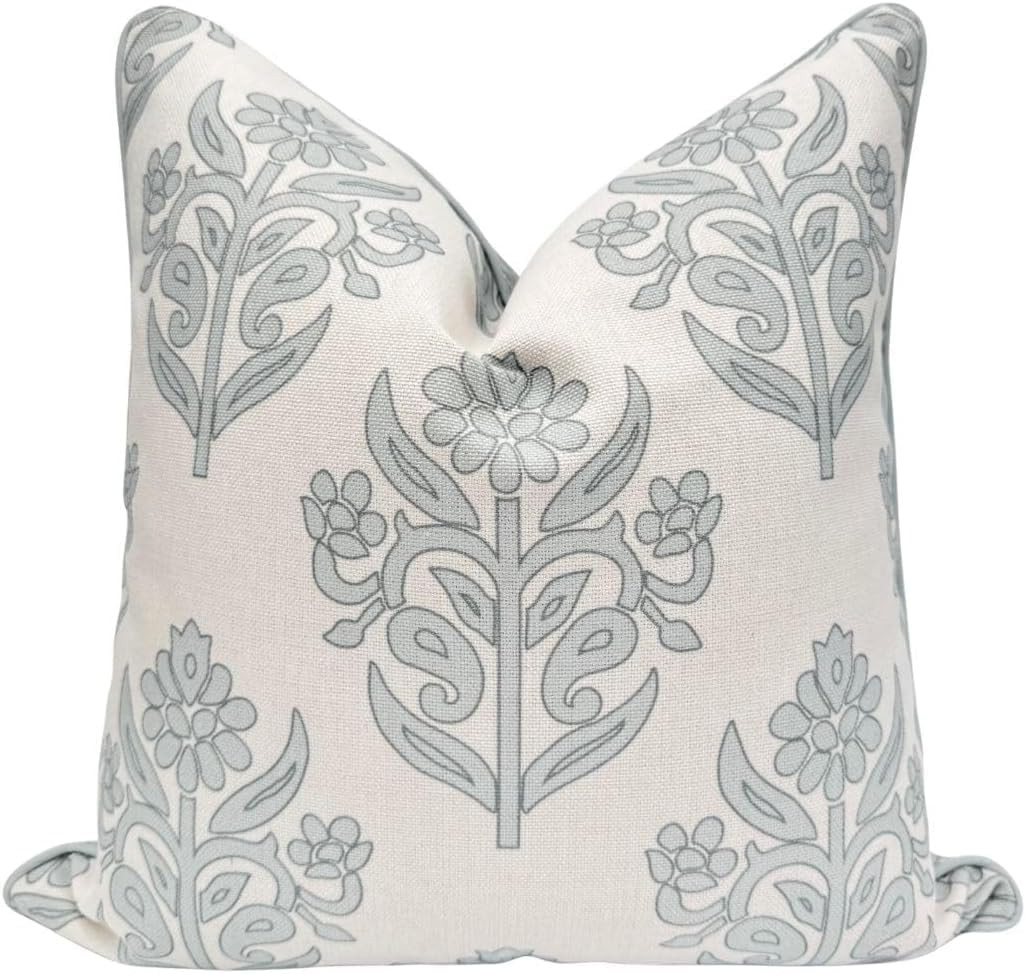 Jillien Harbor “The Naples” Floral Block Print Pillow Cover – Soft Grey and Off-White Decorative Throw Pillow Cover – Grandmillennial Home Decor, 24" x 24" | Amazon (US)