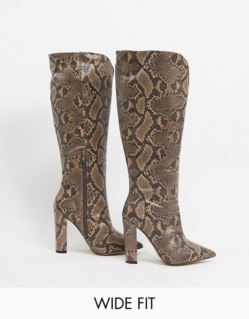 Public Desire Wide Fit Slow knee high boots in brown snake | ASOS (Global)