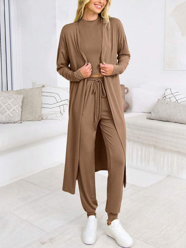 Women's Spring And Fall Long Sleeve Cardigan Sleeveless Casual Dress Three Piece Set | SHEIN