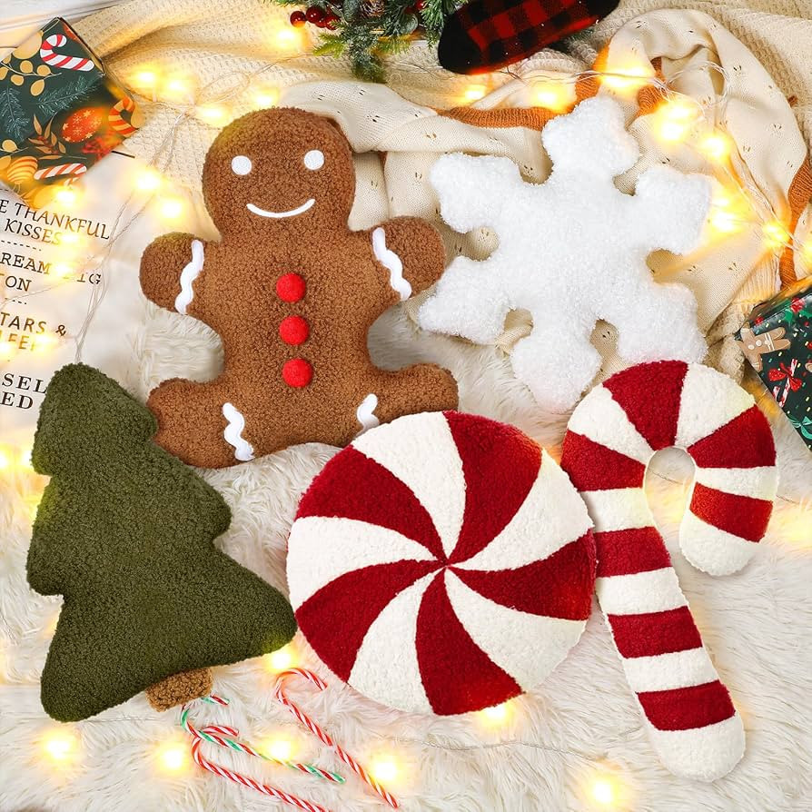 5 Pcs Christmas Throw Pillows Christmas Tree Gingerbread Man Snowflake Pillows Red White Stripe C... | Amazon (US)