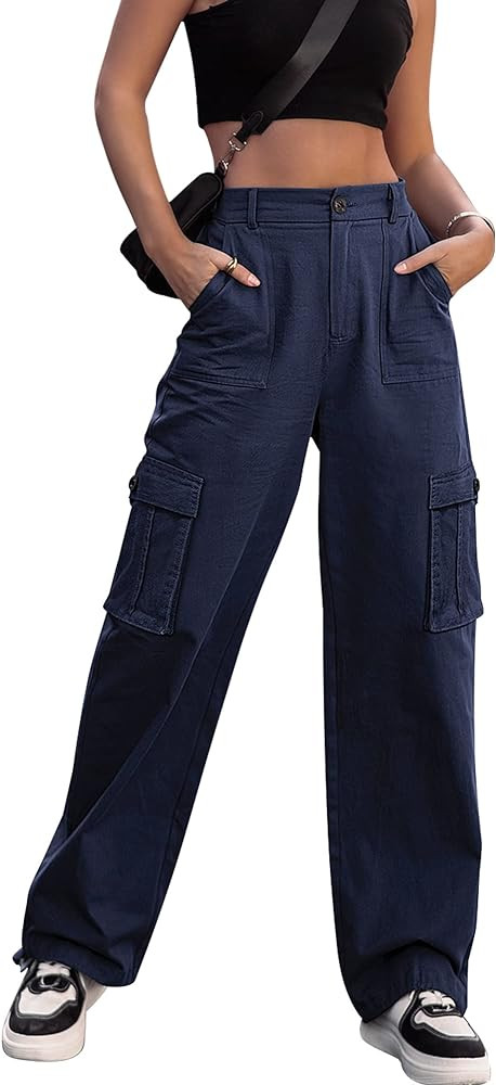 ZMPSIISA Women High Waisted Cargo Pants Wide Leg Casual Pants 6 Pockets Combat Military Trousers | Amazon (US)