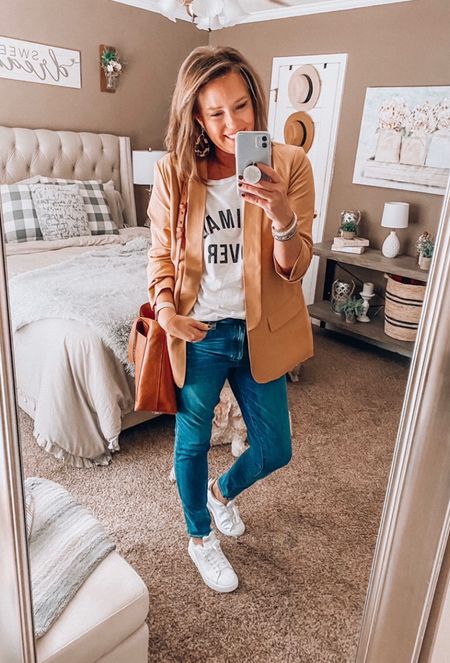 Blazer outfit idea. Camel blazer, graphic tee and American Eagle jeans with Adidas sneakers. Madewell Transport Tote

Blazer outfit, casual outfit, weekend outfit, casual dinner outfit, sneakers, jeans, sneakers, totes, fashion over 40

#LTKstyletip #LTKunder50 #LTKitbag