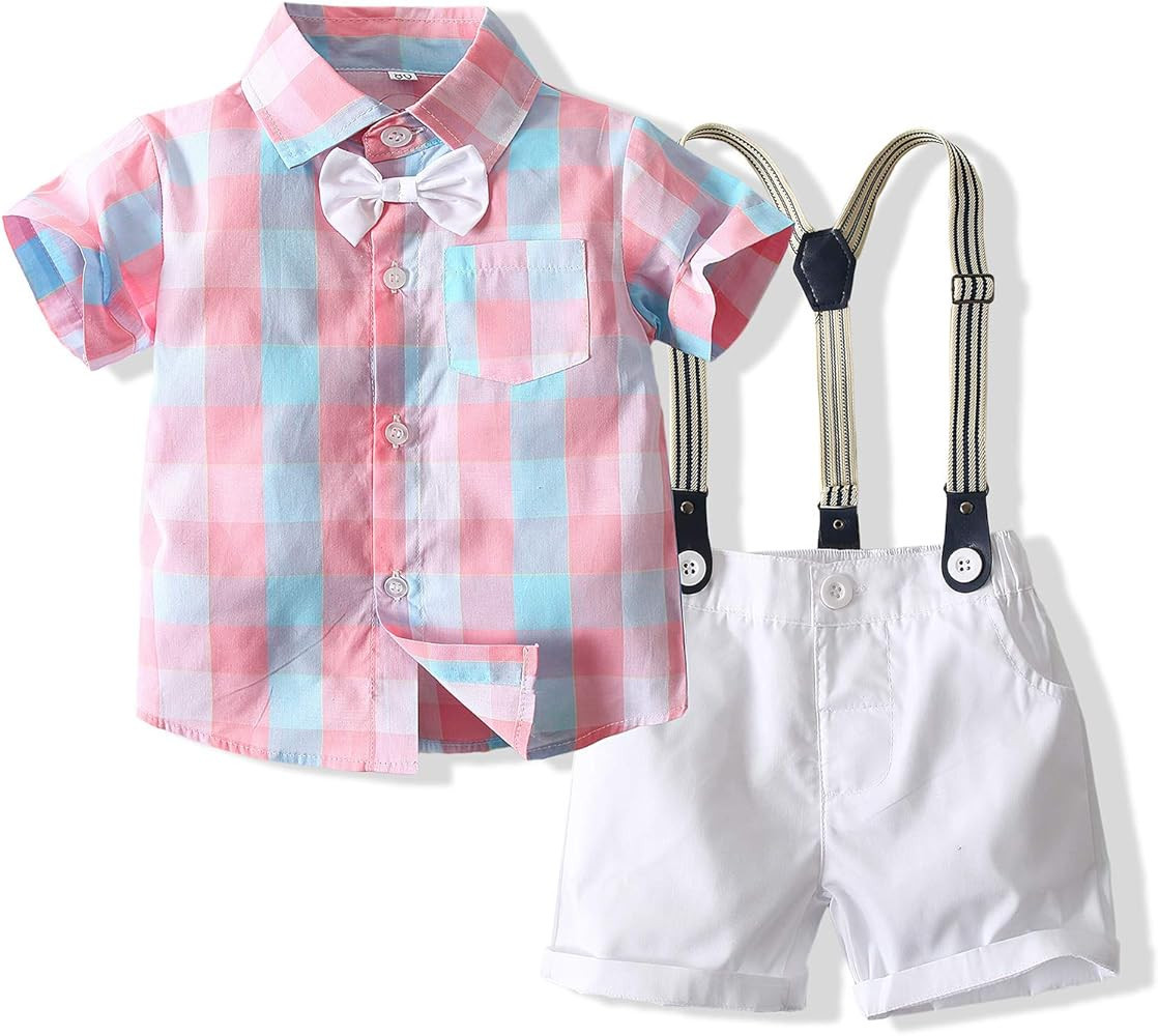 Kimocat Baby Boy Shirt and Tie Sets Long Sleeve Woven Top+ Bowknot+ Shorts with Suspender Straps ... | Amazon (US)