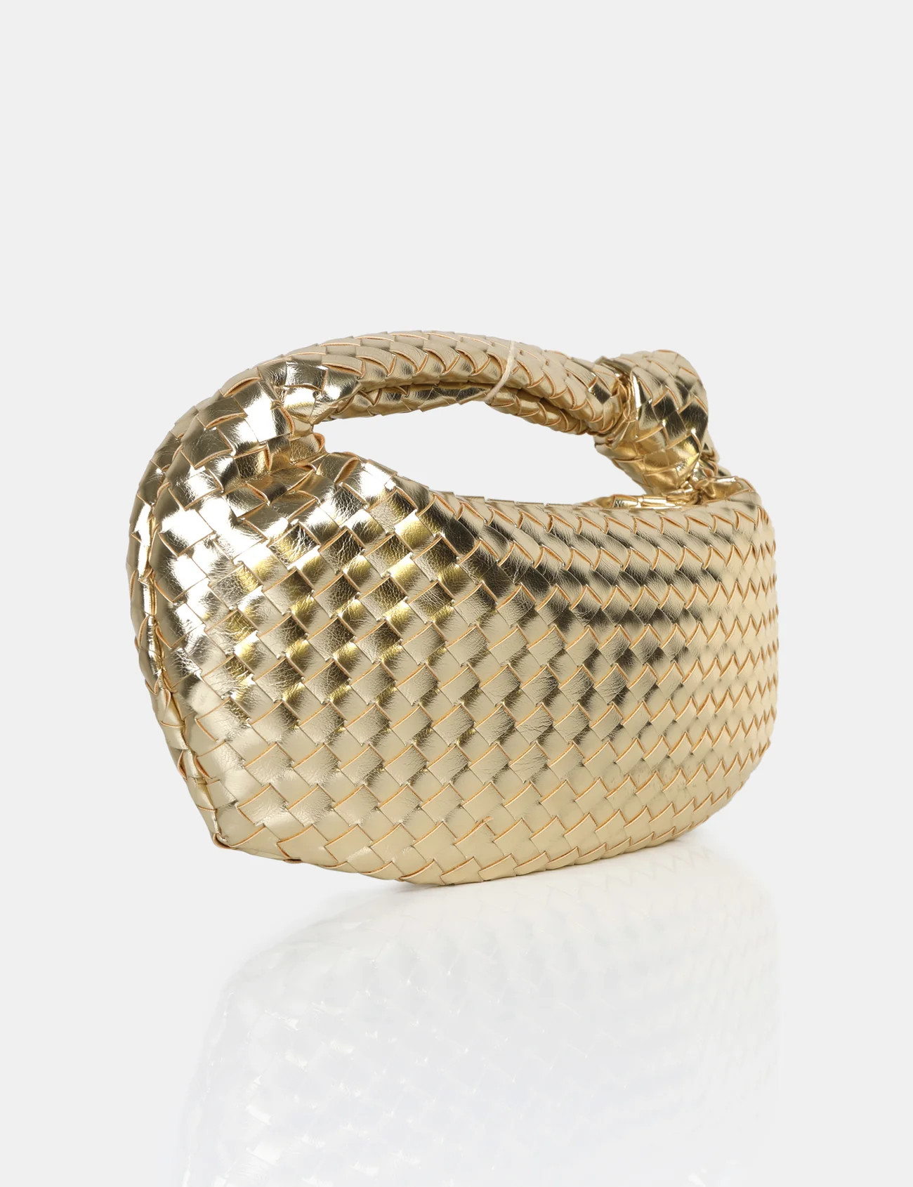 The Blame Metallic Gold Woven PU Knot Detail Mini Grab Bag | Public Desire