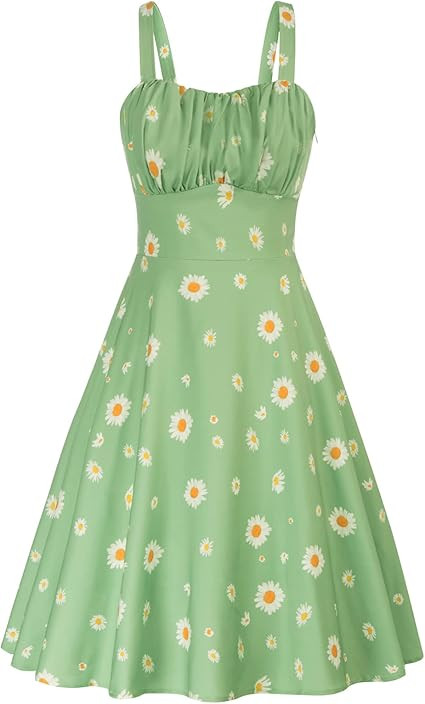 Belle Poque Women's Vintage Sleeveless Solid Floral Ruched Summer Cute A-Line Flowy Swing Midi Dr... | Amazon (US)