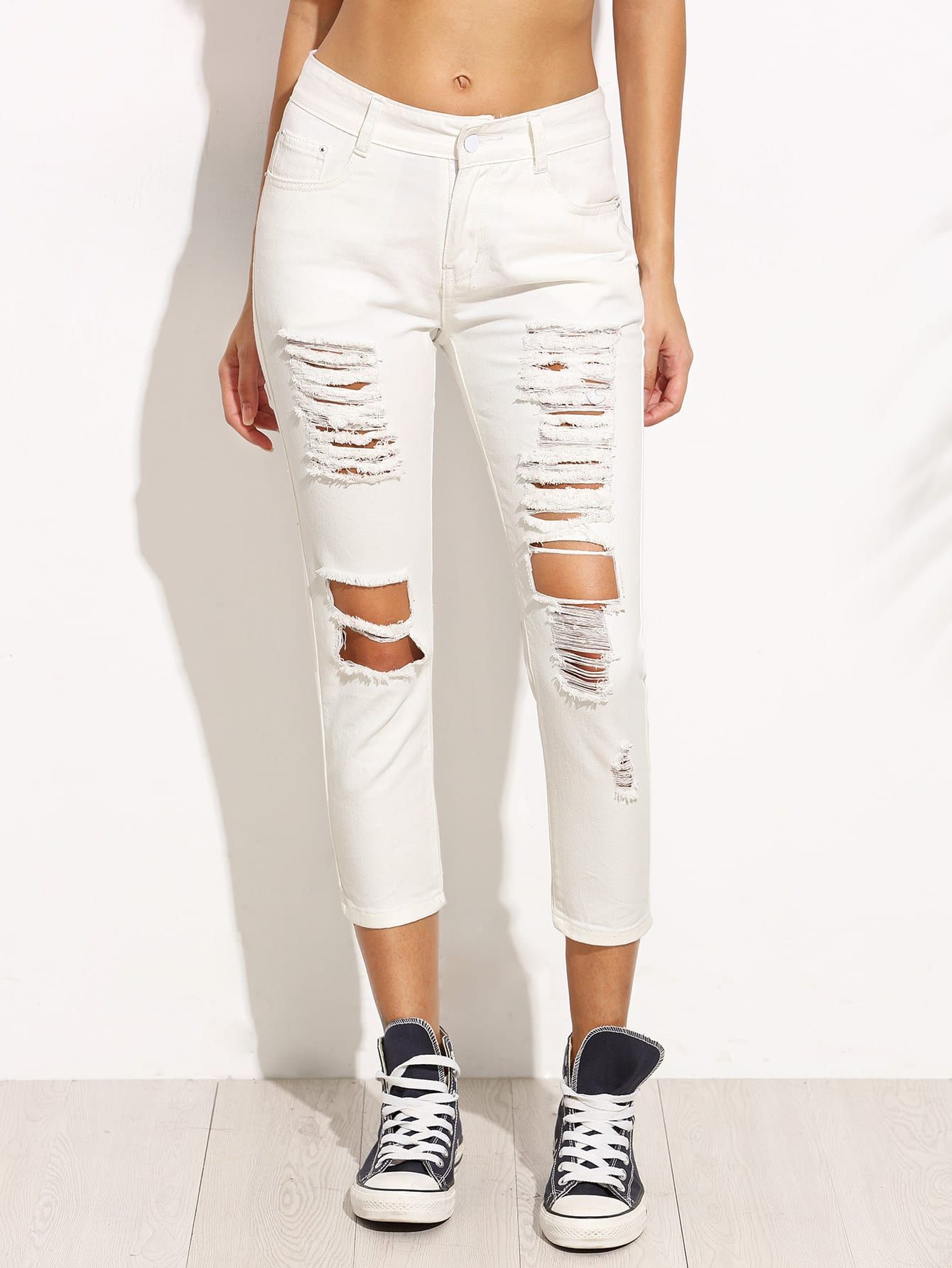 White Ripped Denim Skinny Jeans | ROMWE